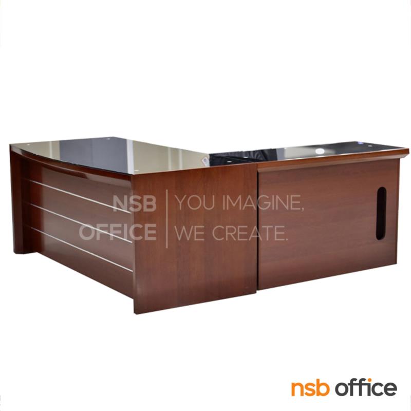 A06A041:โต๊ะผู้บริหารตัวแอลหน้ากระจก  รุ่น Reach (รีช) ขนาด 180W cm. พร้อมโต๊ะต่อข้าง