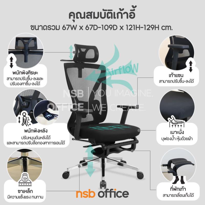 เก้าอี้ผู้บริหารหลังเน็ต มีที่วางพักเท้า รุ่น Nyros (ไนรอส)  โช้คแก๊ส ก้อนโยก ขาเหล็กชุบโครเมียม 