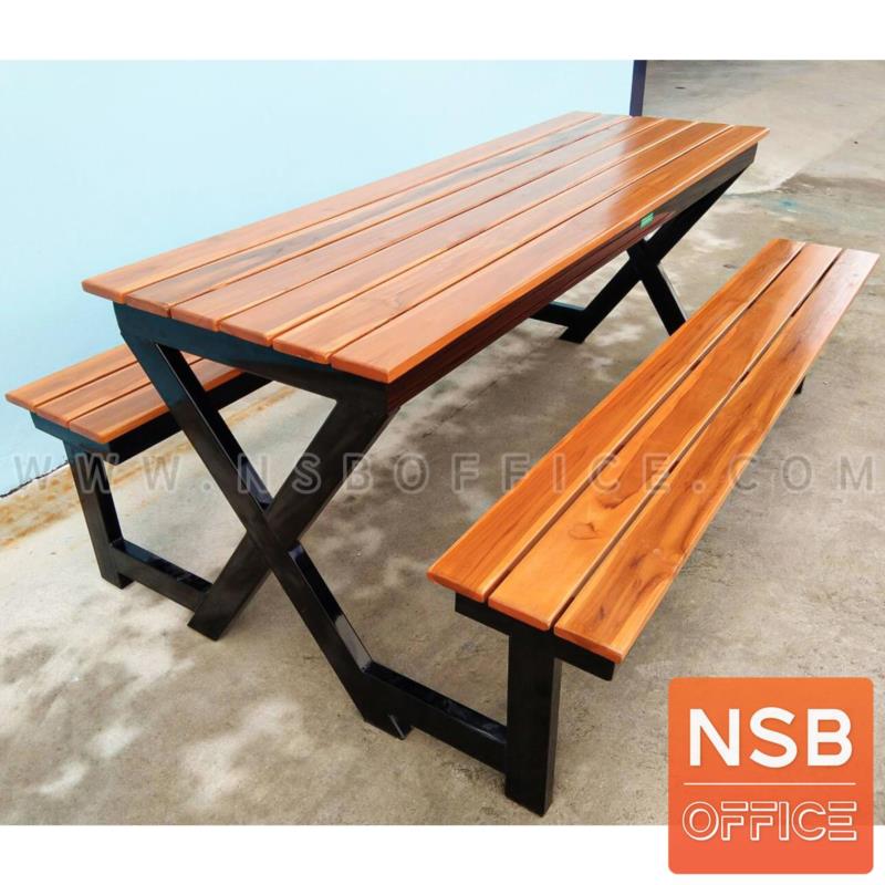 G14A206:โต๊ะโรงอาหาร หน้าไม้สัก รุ่น Leslie (เลสลี) ขนาด 150W cm. (สีไม้สัก และ สีน้ำตาลแดง) ขาเหล็ก X