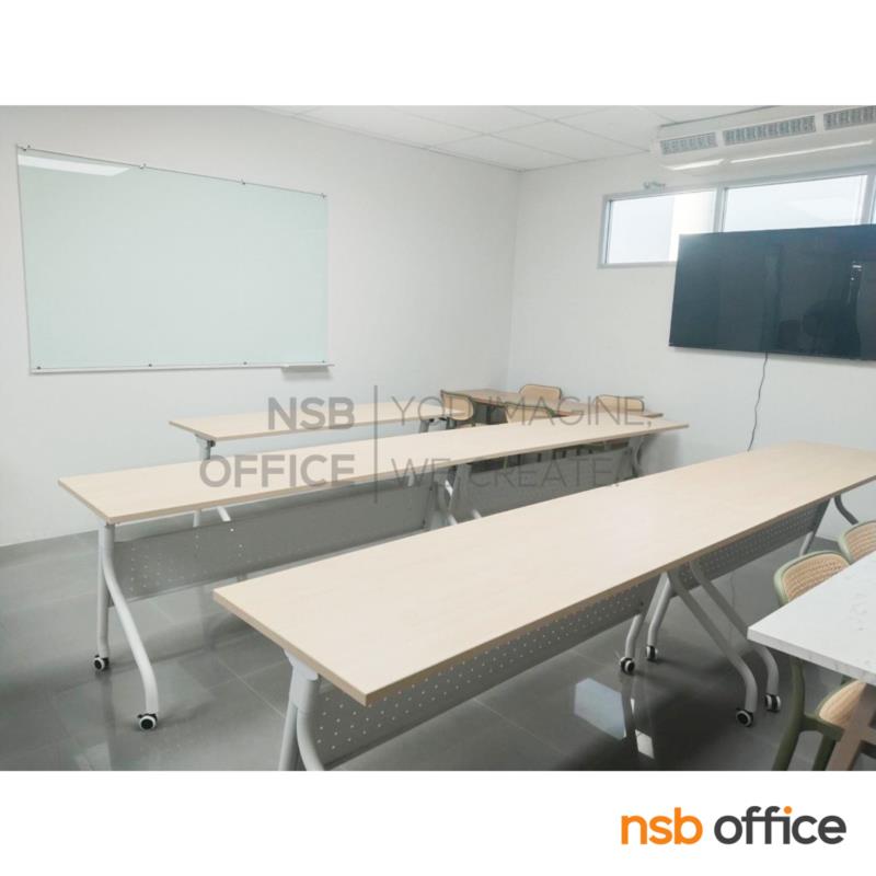 ไวท์บอร์ดกระจกนิรภัยพ่นสีขาว   150W, 180W, 200W, 220W cm (กระจกไม่ต้องเจาะรู ติดตั้งด้วยคิ้วเหล็กทำสี)