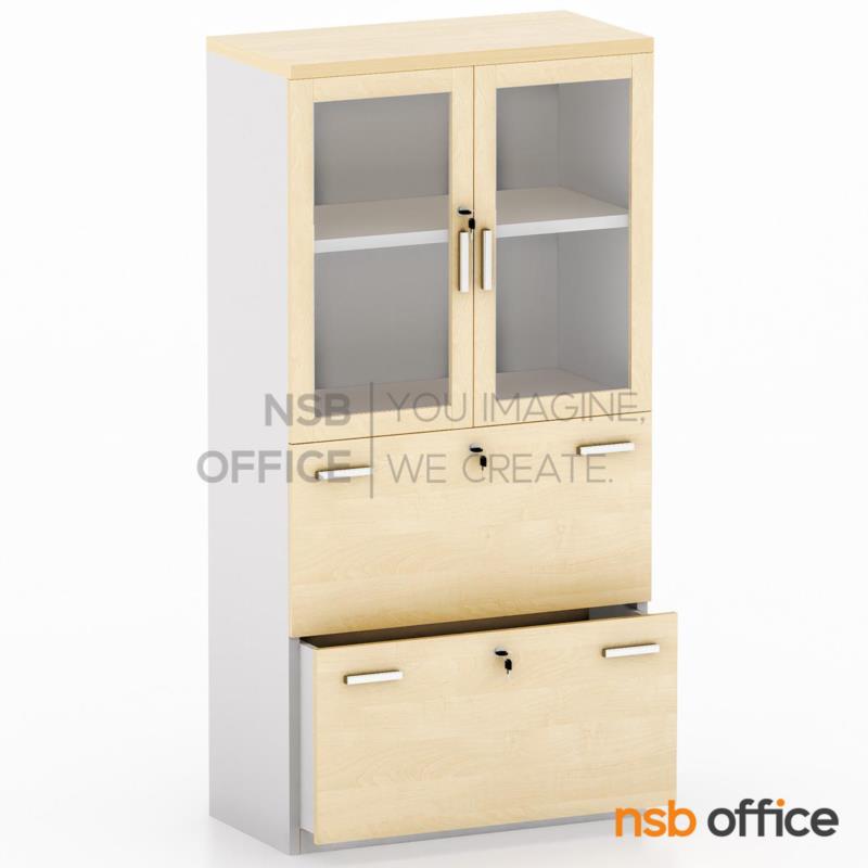 C02A089:ตู้เอกสาร 2 บานเปิดกระจกเฟรมไม้ 2 ลิ้นชักแฟ้มแขวน  รุ่น Gladys (แกลดีส์) ขนาด 90W cm. เมลามีน 