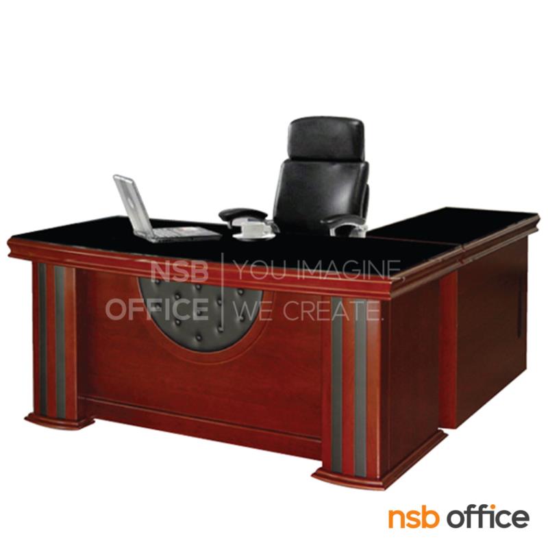 A06A086:โต๊ะบริหารตัวแอลหน้ากระจก รุ่น Brittany (บริตทานี)  ขนาด 180W cm. พร้อมตู้ข้างและตู้ลิ้นชัก