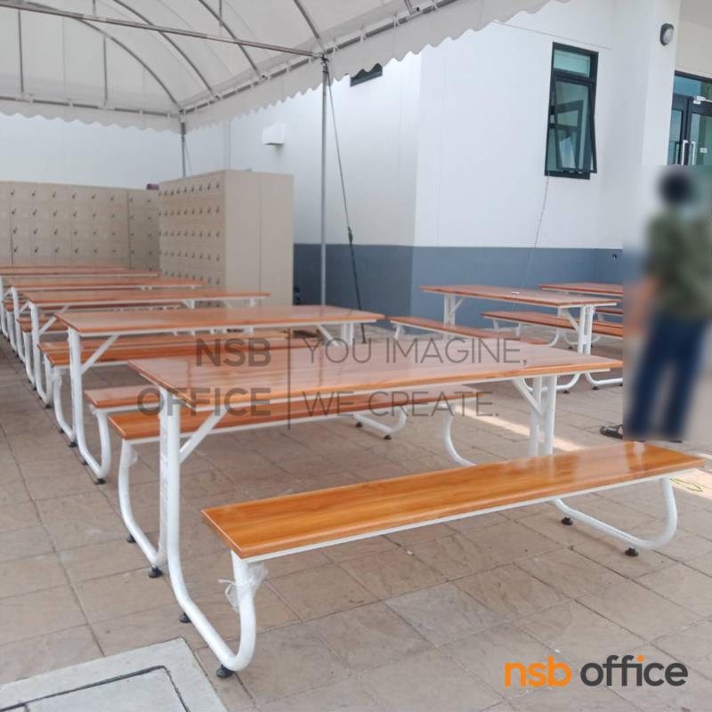 ชุดโต๊ะและเก้าอี้โรงอาหารหน้าไม้สัก รุ่น PM-6 ขนาด 150W ,180W cm.  โครงเหล็ก