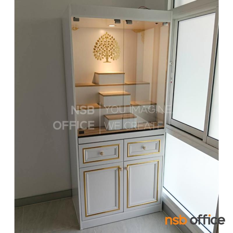 โต๊ะหมู่บูชามีบานกระจก มีไฟ  รุ่น ชนกันต์  ขนาด 80W cm. สีโซลิต/ขาว