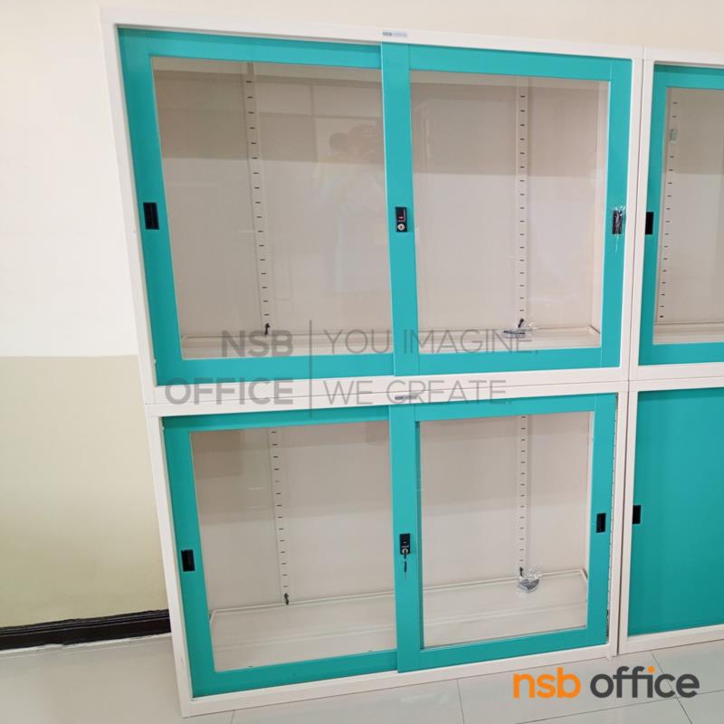 ตู้เอกสารเหล็กบน-ล่างบานเลื่อนกระจกใส  รุ่น Aaron (แอรอน) ผลิต 3, 4 และ 5 ฟุต  พร้อมฐานรอง