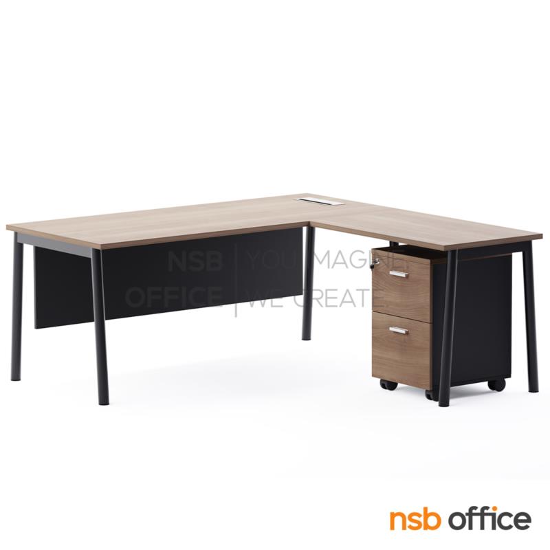 A28A024:โต๊ะผู้บริหารตัวแอล รุ่น Nevisia (เนวิเซีย) ขนาด 180W cm.  พร้อมตู้ลิ้นชักล้อเลื่อน และกล่องไฟ A24A047-1