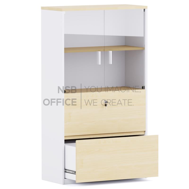 ตู้เอกสาร  2 บานกระจก 2 ลิ้นชักแฟ้มแขวน รุ่น EP-011 สูง 160 cm. เมลามีน บานเพ่ 