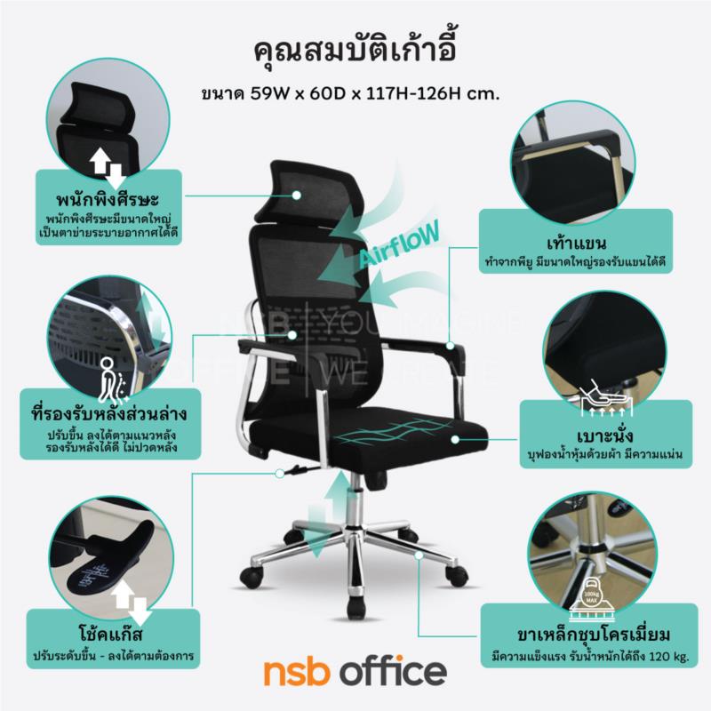 เก้าอี้ผู้บริหารหลังเน็ต รุ่น Ansel (อันเซล)  โช้คแก๊ส ก้อนโยก ขาเหล็กชุบโครเมียม