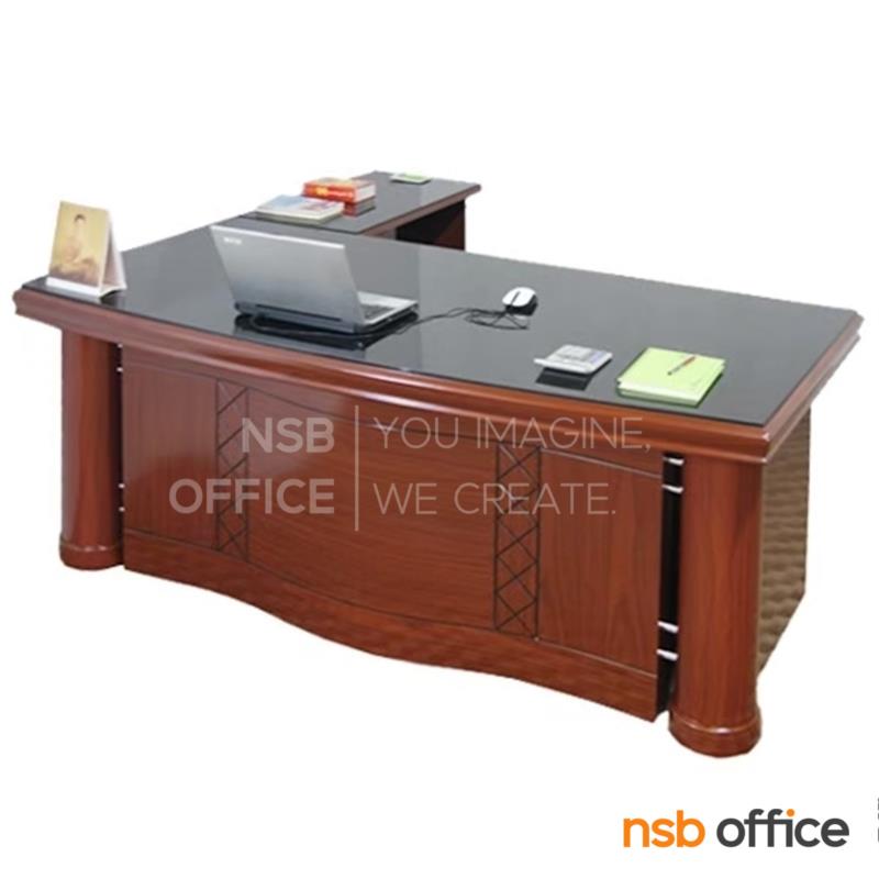 A06A110:โต๊ะผู้บริหารตัวแอลหน้ากระจก รุ่น Savannah (สวันน่า) ขนาด 160W ,180W cm. พร้อมตู้ลิ้นชักและตู้ข้าง