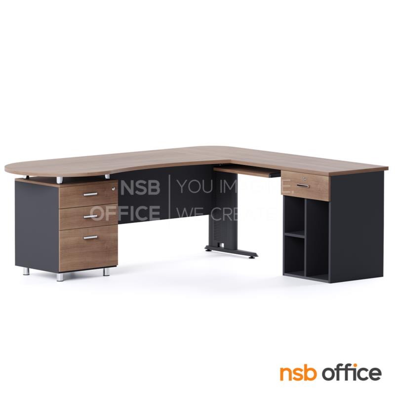 A13A050:โต๊ะผู้บริหารตัวแอลหัวโค้ง 4 ลิ้นชัก  รุ่น Devonne (เดวอน) ขนาด 210W1*180W2 cm. พร้อมโต๊ะคอมพิวเตอร์ต่อข้าง