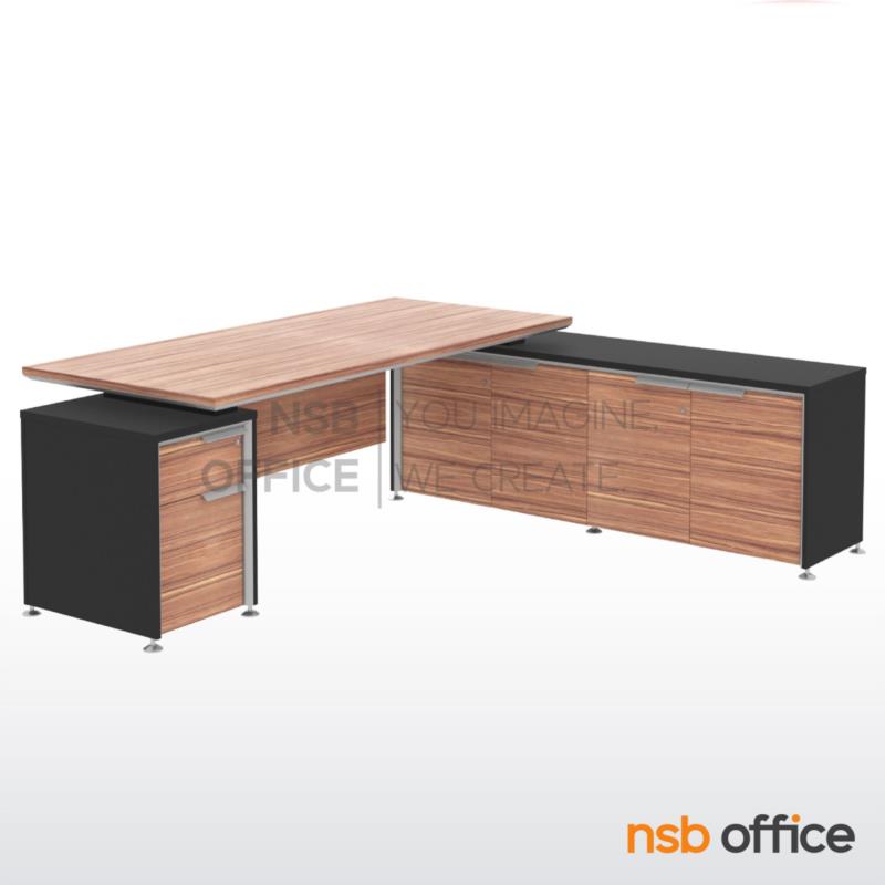 A33A013:โต๊ะผู้บริหารตัวแอล 2 ลิ้นชัก รุ่น Mystique (มิสทีค) ขนาด 225W cm.  พร้อมตู้ข้างลิ้นชัก สีวอลนัทตัดดำ