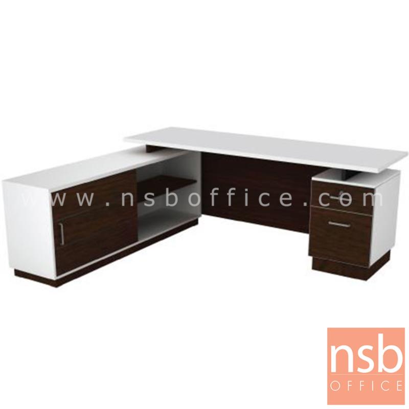 A15A008:โต๊ะผู้บริหารตัวแอล 2 ลิ้นชัก รุ่น Breyer (เบรเยอร์) ขนาด 1801W*180W2 cm. พร้อมตู้ข้าง สีเวงเก้-ขาว