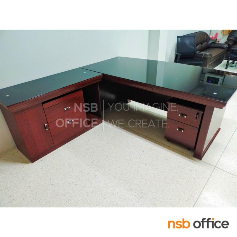 โต๊ะบริหารตัวแอลหน้ากระจก  รุ่น Murphy (เมอร์ฟี) ขนาด 200W cm. พร้อมตู้ข้างและตู้ลิ้นชัก