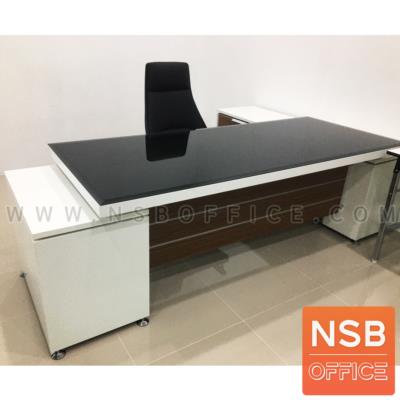 โต๊ะผู้บริหารตัวแอลหน้ากระจก  รุ่น Nextline (เน็กซ์ไลน์) ขนาด 258W cm. สีซีบราโน่-ขาว