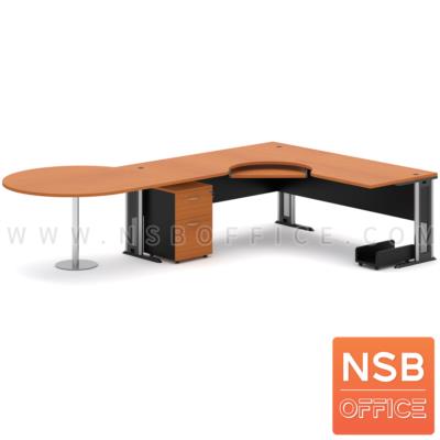 โต๊ะผู้บริหารตัวแอลหน้าโค้งเว้า   ขนาด 300W1*180W2 cm. ขาเหล็กโครเมี่ยมดำ สีเชอร์รี่-ดำ *แอลตามภาพเท่านั้น*