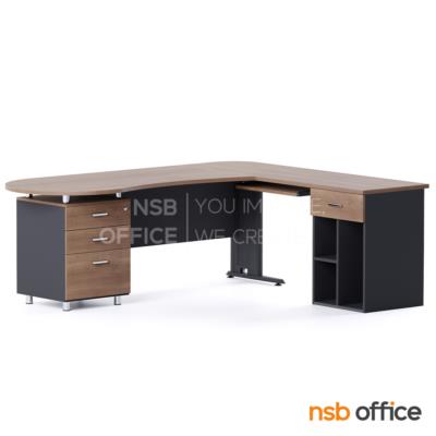โต๊ะผู้บริหารตัวแอลหัวโค้ง 4 ลิ้นชัก  รุ่น Devonne (เดวอน) ขนาด 210W1*180W2 cm. พร้อมโต๊ะคอมพิวเตอร์ต่อข้าง
