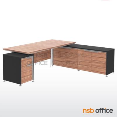 โต๊ะผู้บริหารตัวแอล 2 ลิ้นชัก รุ่น Mystique (มิสทีค) ขนาด 225W cm.  พร้อมตู้ข้างลิ้นชัก สีวอลนัทตัดดำ