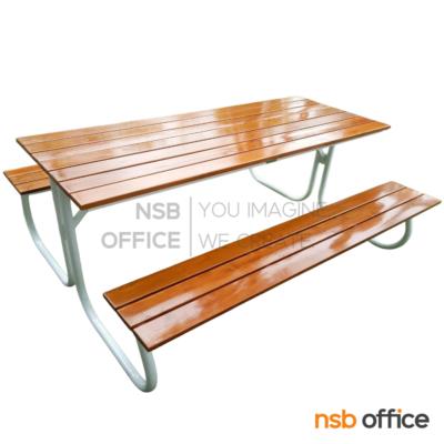 ชุดโต๊ะโรงอาหารหน้าไม้ยางพาราทำสีสักตีระแนง รุ่น Greengrove (กรีนโกรฟ) ขนาด 180W cm.  โครงขาเหล็กทรงตัวเจ