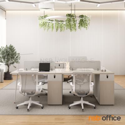 โต๊ะทำงานกลุ่ม 4 ที่นั่ง เสริมมินิสกรีนและตู้เก็บของ รุ่น Bonny (บอนนี่)  พร้อมเก้าอี้สำนักงานหลังเน็ต