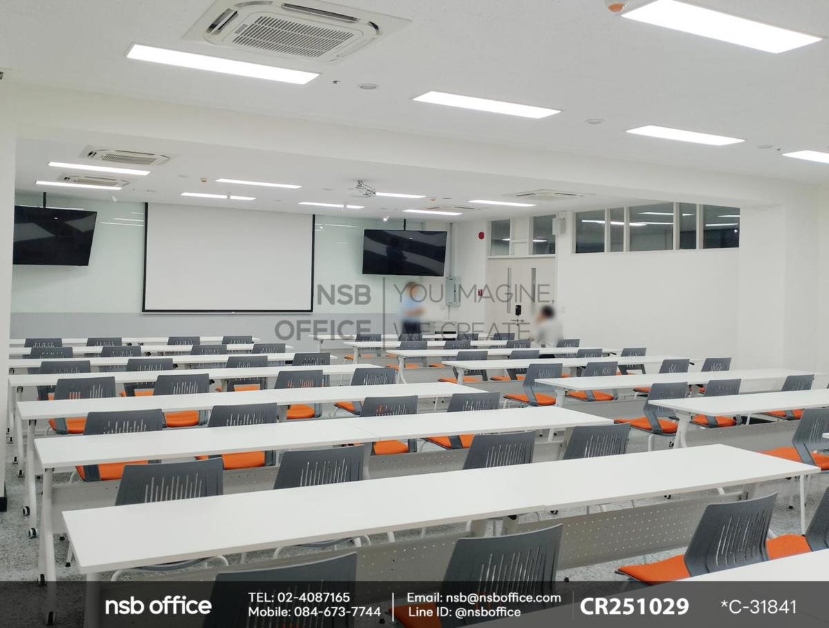 โต๊ะประชุมพับเก็บได้ล้อเลื่อน โครงขาเหล็กสีขาวเสริมเก้าอี้อเนกประสงค์เฟรมโพลี่