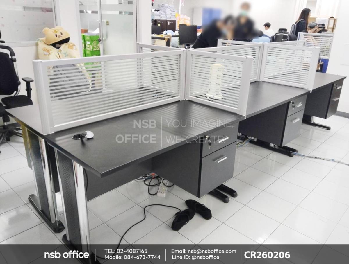 โต๊ะทำงาน 2 ลิ้นชักขาเหล็กตัวแอลเสริมการใช้งานด้วยมินิสกรีนกระจกขัดลายล้วน