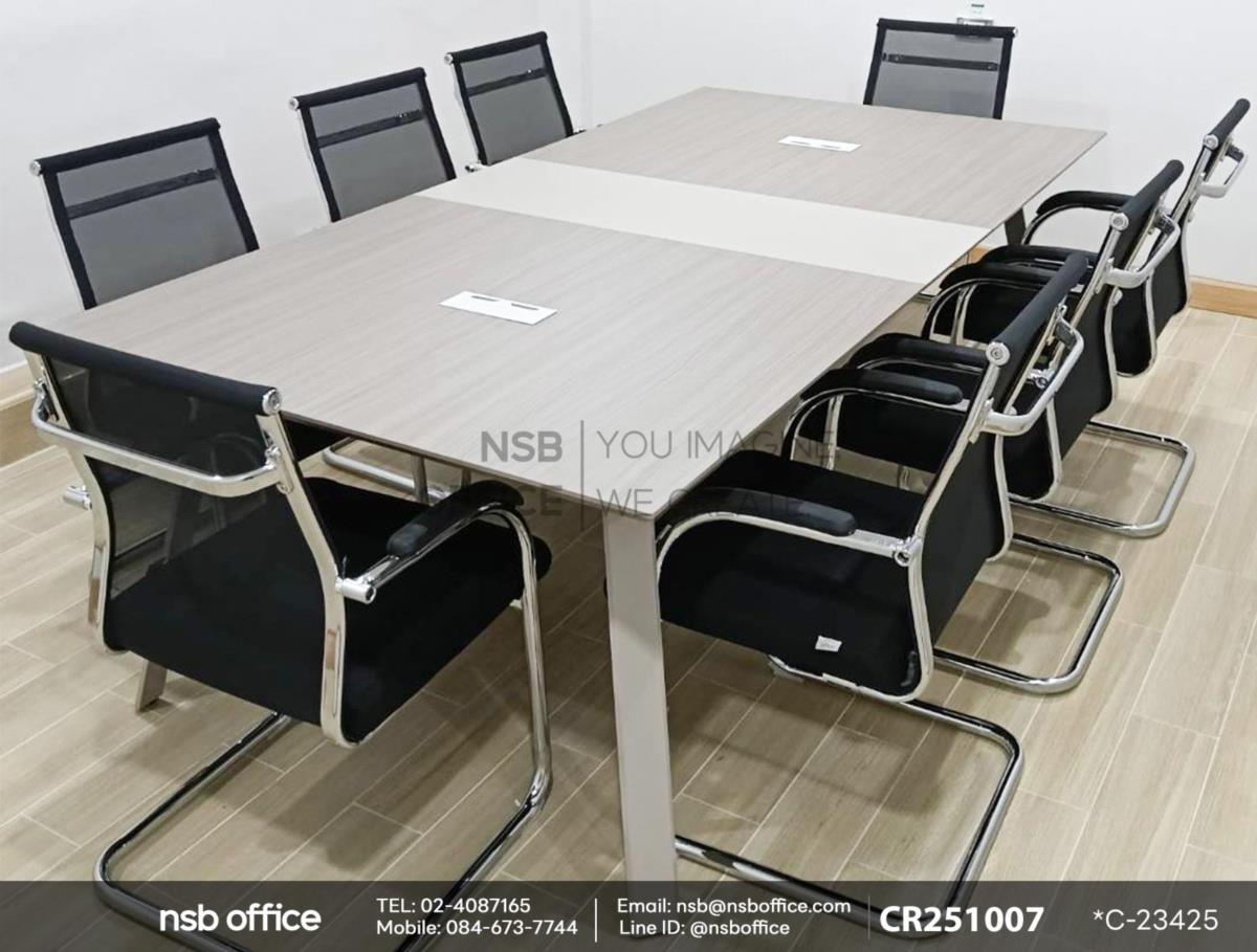 โต๊ะประชุมขาเหล็กเสริมด้วยเก้าอี้รับแขกขาตัวซีหลังเน็ต