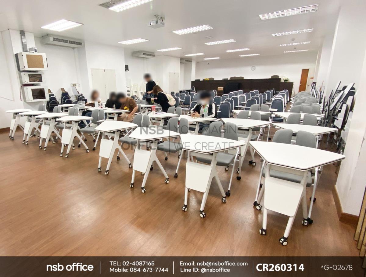 โต๊ะพับล้อเลื่อนบังตาไม้ ใช้งานคู่กันกับเก้าอี้อเนกประสงค์