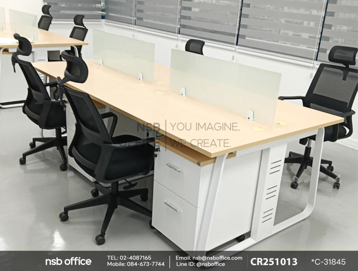 ชุดโต๊ะทำงานกลุ่มขาเหล็กเสริมด้วยเก้าอี้ผู้บริหารหลังเน็ต และตู้เก็บเอกสาร