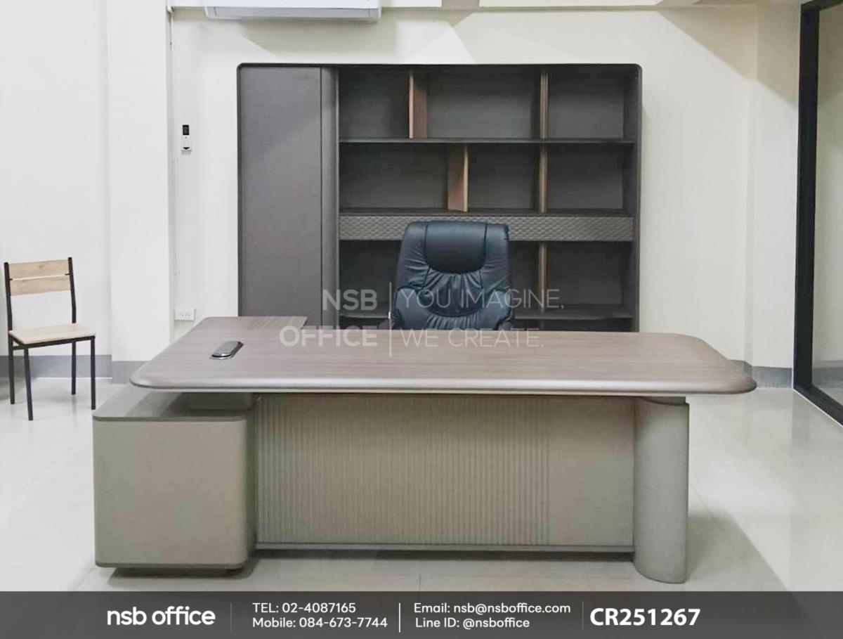 โต๊ะผู้บริหารตัวแอลเสริมด้วยตู้ และเก้าอี้ผู้บริหารหนังเทียม