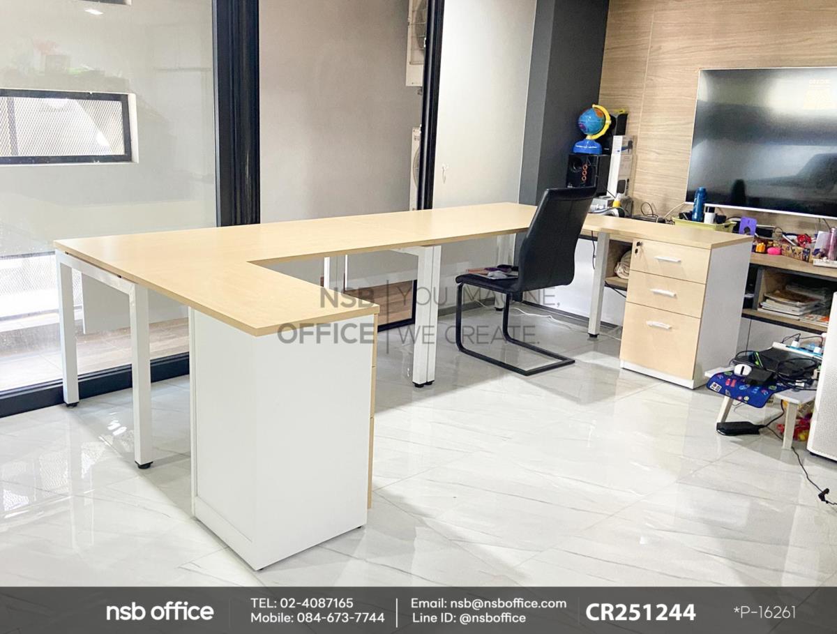 โต๊ะทำงานตัวแอล ลิ้นชักไม้ บังตาไม้ ขาเหล็ก