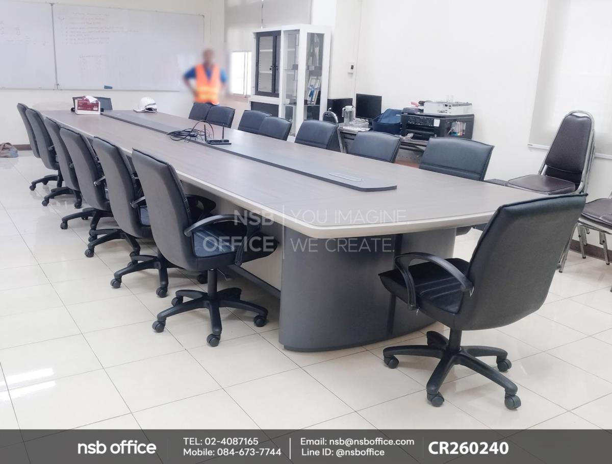 โต๊ะประชุมหัวโค้ง มุมมน มีคาดกลางใช้งานคู่กันกับเก้าอี้สำนักงาน