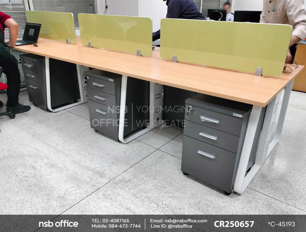 โต๊ะทำงานกลุ่มเสริมมินิสกรีนหุ้มผ้า และตู้ 3 ลิ้นชักล้อเลื่อนใต้โต๊ะ 