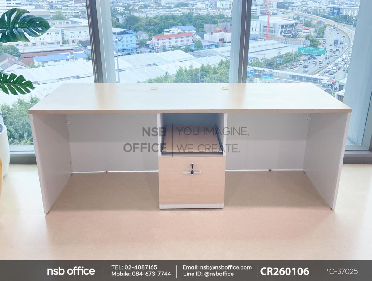 โต๊ะทำงาน 2 ที่นั่งพร้อมช่องวาง Printer แบบรางเลื่อนและเก้าอี้บาร์สตูลที่นั่งกลม