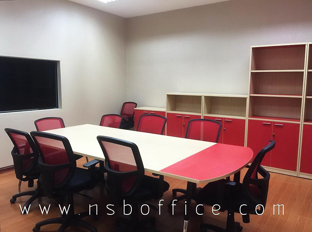 โต๊ะประชุมและตู้เก็บเอกสาร สีแดงตัดขาว