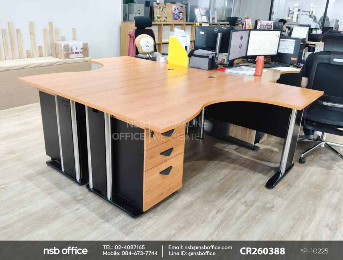 โต๊ะทำงานตัวแอลหน้าโค้งเว้า พร้อมตู้ 3 ลิ้นชักล้อเลื่อน