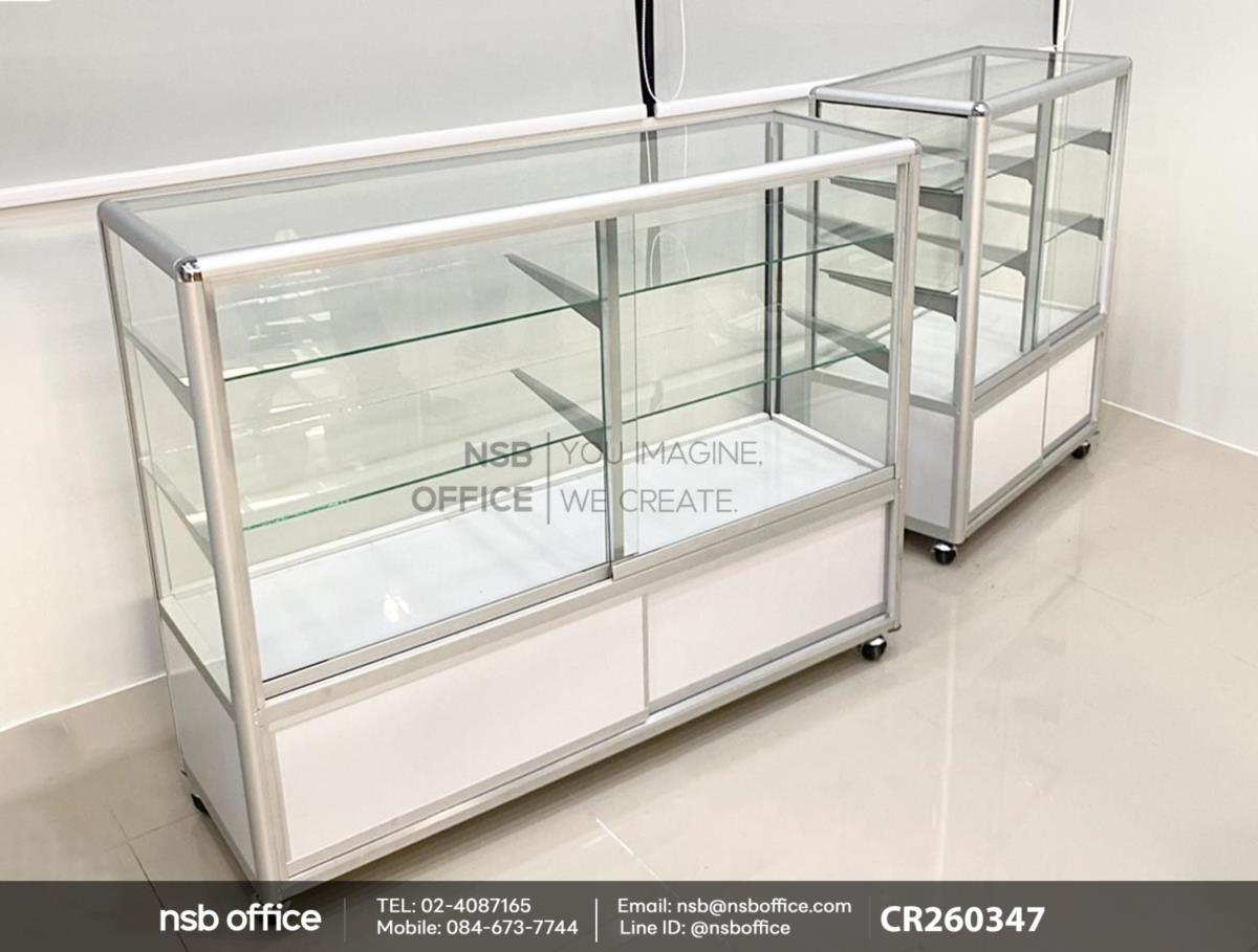 ตู้กระจกโชว์สินค้า โครงอลูมิเนียมมุมมน ล้อเลื่อน