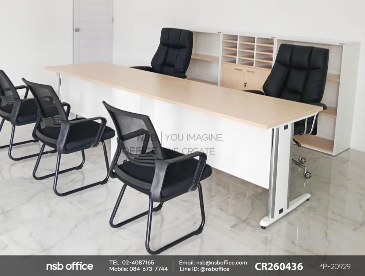 โต๊ะทำงาน 3 ลิ้นชักข้างขาทึบเสริมด้วย เก้าอี้ผู้บริหารหุ้มหนังเทียมและเก้าอี้รับแขกขาตัวซีหลังเน็ต