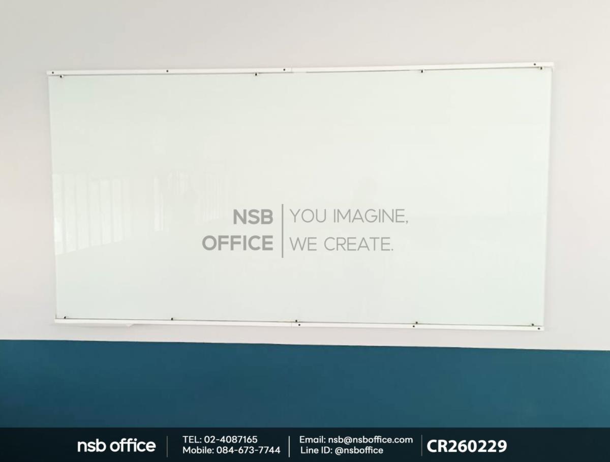 ไวท์บอร์ดกระจกนิรภัยพ่นสีขาว(กระจกไม่ต้องเจาะรู ติดตั้งด้วยคิ้วเหล็กทำสี)