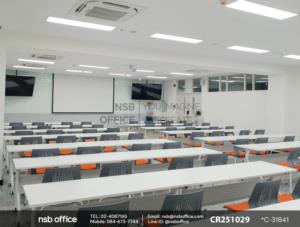 โต๊ะประชุมพับเก็บได้ล้อเลื่อน โครงขาเหล็กสีขาวเสริมเก้าอี้อเนกประสงค์เฟรมโพลี่