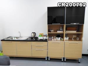 ชุดตู้ครัวสีบีทดำ 180W cm. และ ตู้สูงบานเปิด บนกระจก-ล่างทึบสีบีทดำ ช่องโล่ง