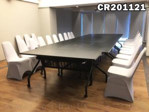 โต๊ะประชุมพับเก็บได้ล้อเลื่อน พร้อมบังตาเหล็กและที่วางของด้านใต้ ขนาด 150W*60D cm. และ เก้าอี้อเนกประสงค์จัดเลี้ยง ขาเหล็กชุบโครเมี่ยม