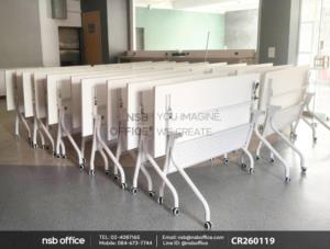 โต๊ะประชุมพับเก็บได้ล้อเลื่อน โครงขาเหล็กสีขาว บังตาเหล็ก ล้อล็อกได้