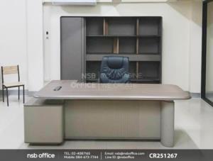 โต๊ะผู้บริหารตัวแอลเสริมด้วยตู้ และเก้าอี้ผู้บริหารหนังเทียม