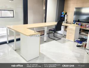 โต๊ะทำงานตัวแอล ลิ้นชักไม้ บังตาไม้ ขาเหล็ก