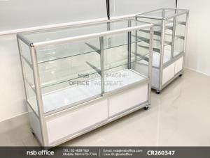 ตู้กระจกโชว์สินค้า โครงอลูมิเนียมมุมมน ล้อเลื่อน