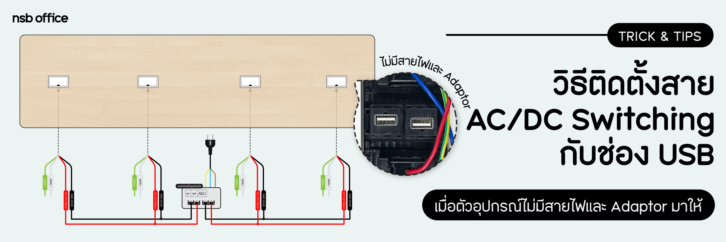 วิธีติดตั้งสาย AC/DC Switching กับช่อง USB เมื่อตัวอุปกรณ์ไม่มีสายไฟและ Adaptor มาให้